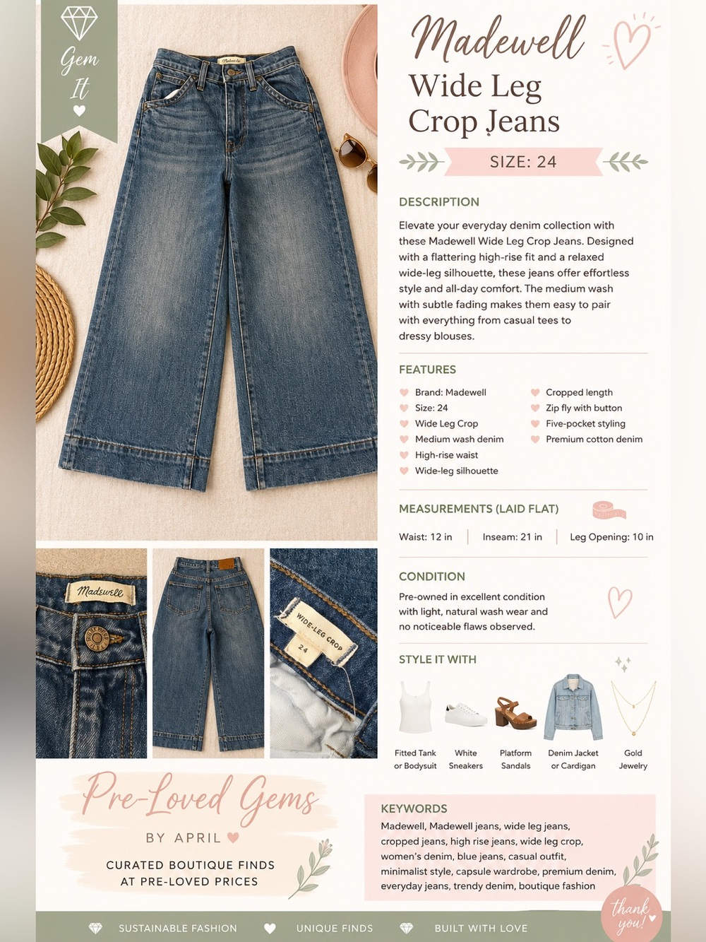 Madewell Emmett Wide Leg Crop Jeans Patch Pocket Trouser Denim